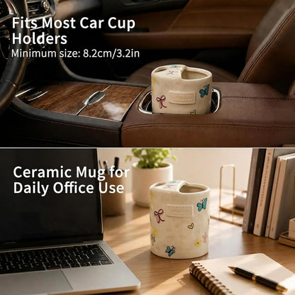 Ceramic Coffee Mug with Half Lid, 12oz Handmade Retro Striped Travel Mug, Minimalist To Go Coffee Cup for Home Office, Reusable Pottery Tumbler, Brown