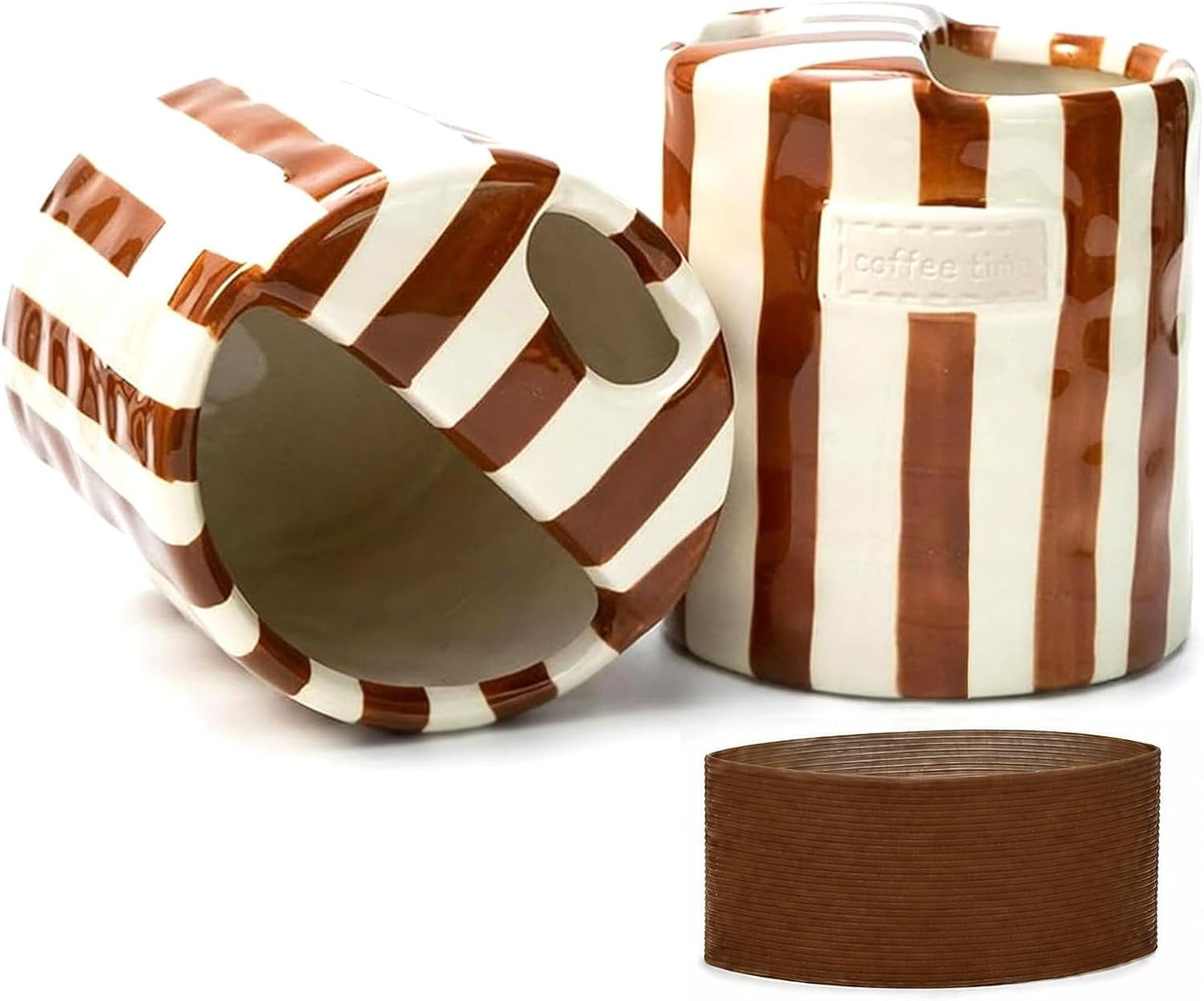Ceramic Coffee Mug with Half Lid, 12oz Handmade Retro Striped Travel Mug, Minimalist To Go Coffee Cup for Home Office, Reusable Pottery Tumbler, Brown