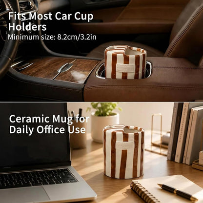 Ceramic Coffee Mug with Half Lid, 12oz Handmade Retro Striped Travel Mug, Minimalist To Go Coffee Cup for Home Office, Reusable Pottery Tumbler, Brown
