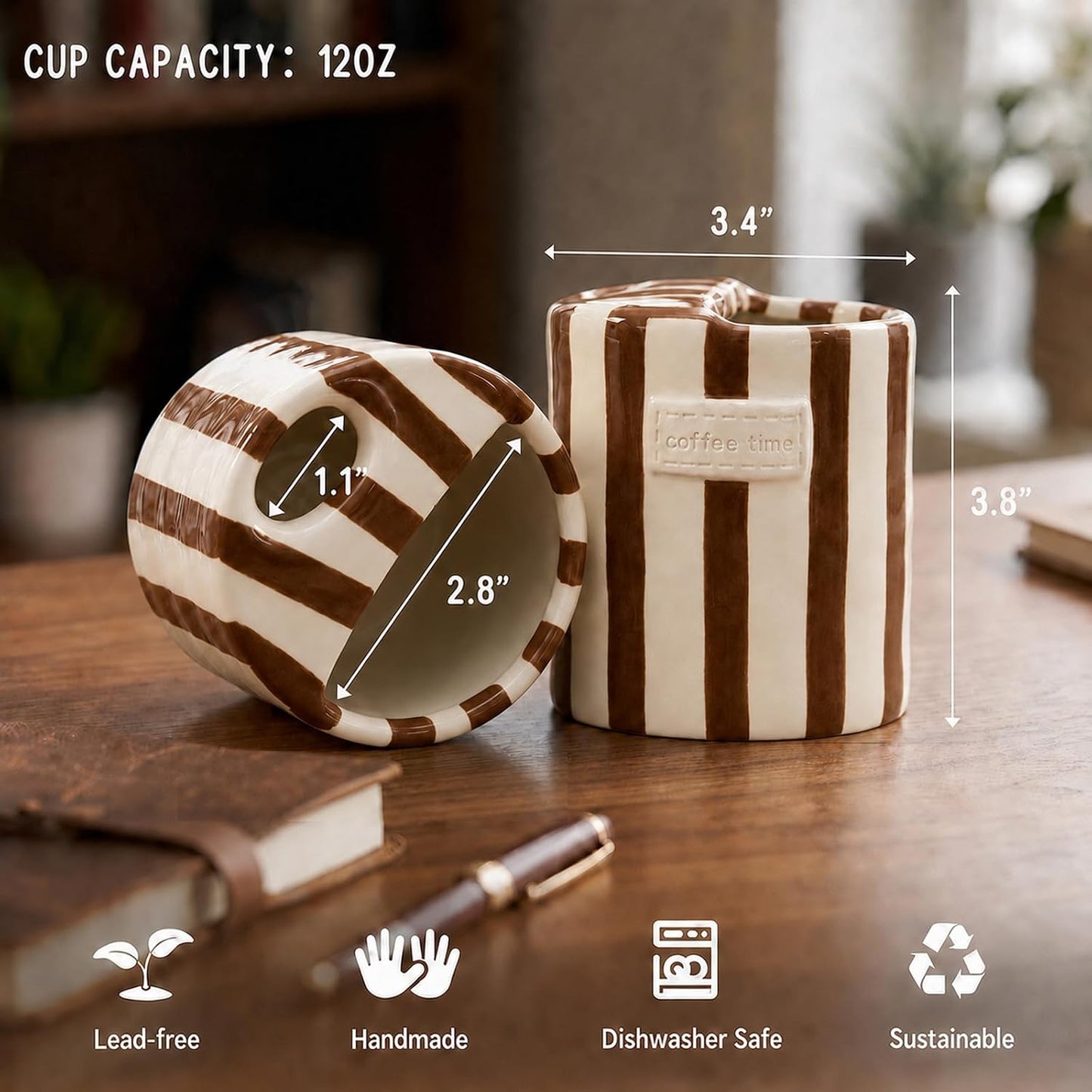 Ceramic Coffee Mug with Half Lid, 12oz Handmade Retro Striped Travel Mug, Minimalist To Go Coffee Cup for Home Office, Reusable Pottery Tumbler, Brown