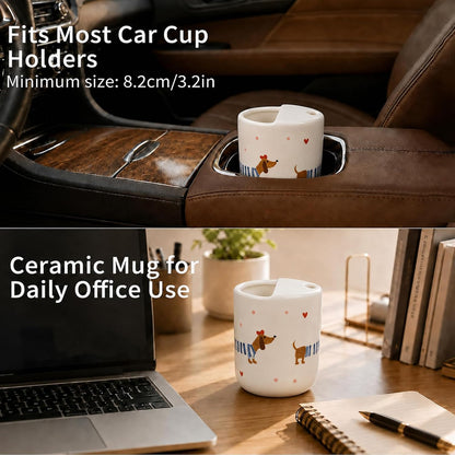 Ceramic Coffee Mug with Half Lid, 12oz Handmade Retro Striped Travel Mug, Minimalist To Go Coffee Cup for Home Office, Reusable Pottery Tumbler, Brown