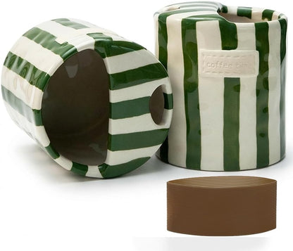 Ceramic Coffee Mug with Half Lid, 12oz Handmade Retro Striped Travel Mug, Minimalist To Go Coffee Cup for Home Office, Reusable Pottery Tumbler, Brown
