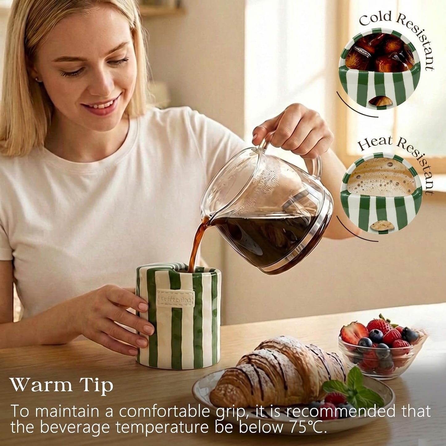 Ceramic Coffee Mug with Half Lid, 12oz Handmade Retro Striped Travel Mug, Minimalist To Go Coffee Cup for Home Office, Reusable Pottery Tumbler, Brown