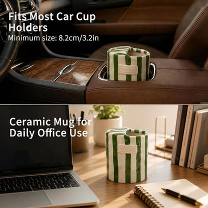 Ceramic Coffee Mug with Half Lid, 12oz Handmade Retro Striped Travel Mug, Minimalist To Go Coffee Cup for Home Office, Reusable Pottery Tumbler, Brown