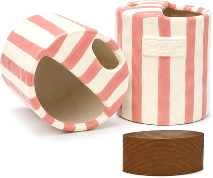Ceramic Coffee Mug with Half Lid, 12oz Handmade Retro Striped Travel Mug, Minimalist To Go Coffee Cup for Home Office, Reusable Pottery Tumbler, Brown