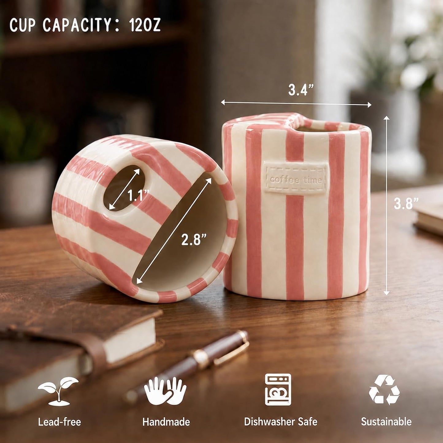 Ceramic Coffee Mug with Half Lid, 12oz Handmade Retro Striped Travel Mug, Minimalist To Go Coffee Cup for Home Office, Reusable Pottery Tumbler, Brown