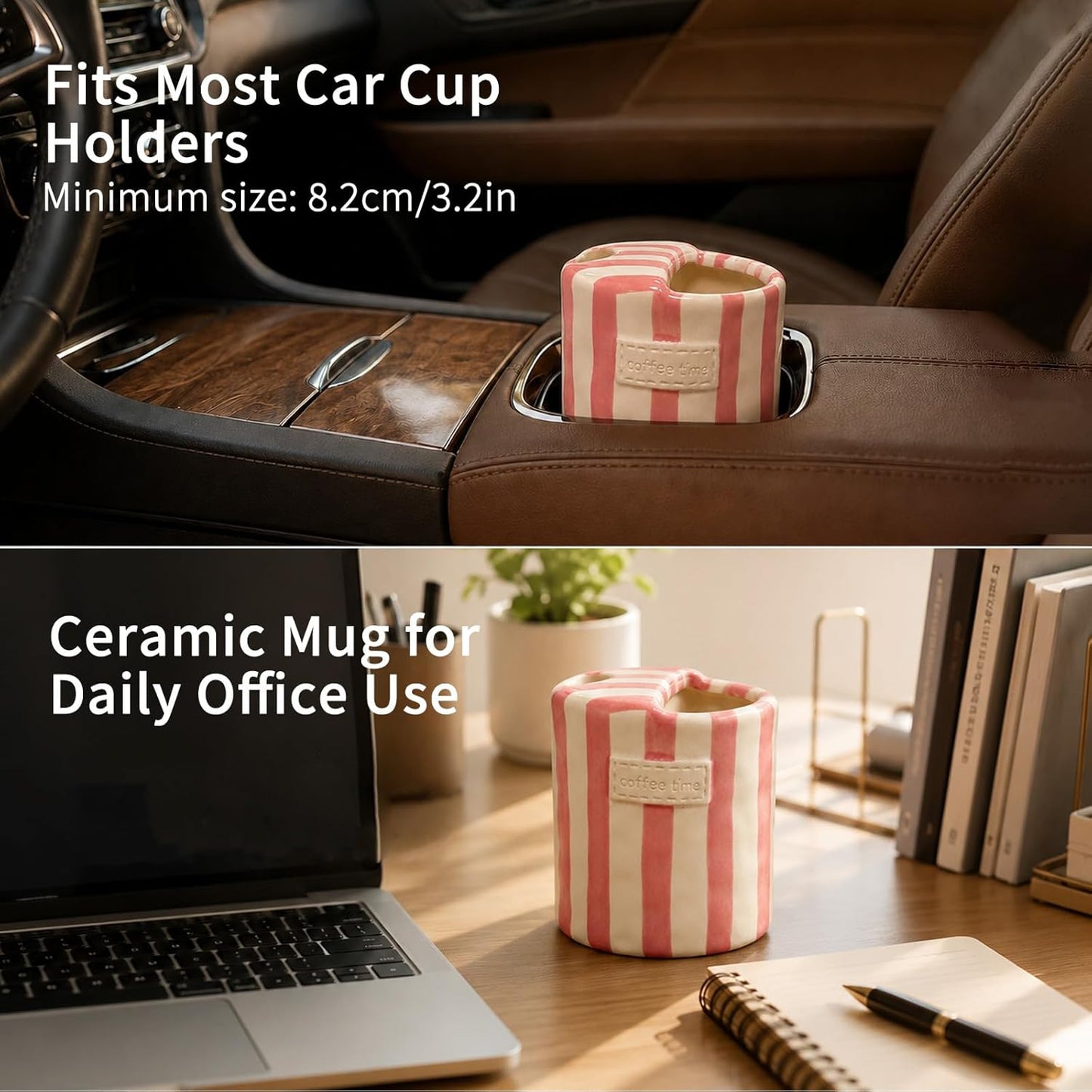 Ceramic Coffee Mug with Half Lid, 12oz Handmade Retro Striped Travel Mug, Minimalist To Go Coffee Cup for Home Office, Reusable Pottery Tumbler, Brown