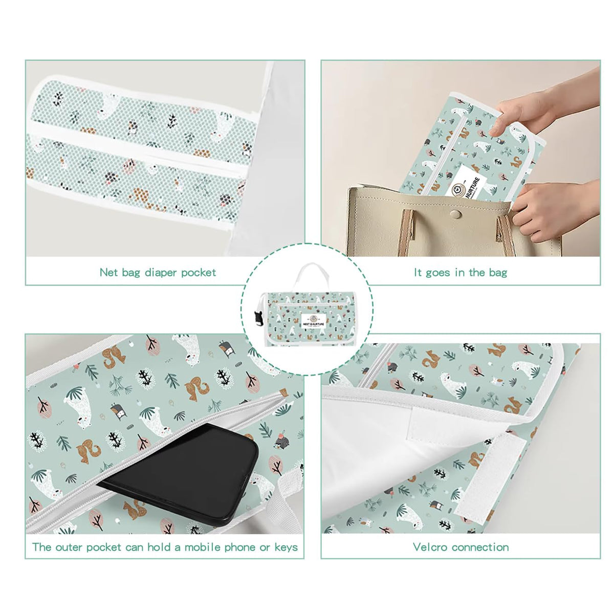 Portable Baby Changing Pad, Waterproof Foldable Diaper Changing Mat with Storage Pockets, Travel Changing Pad for Babies, Forest Animal Print