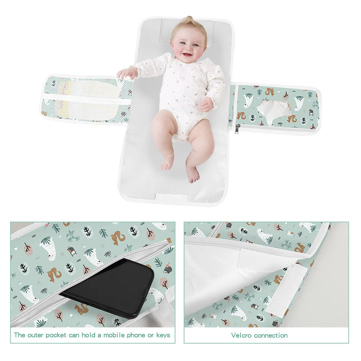 Portable Baby Changing Pad, Waterproof Foldable Diaper Changing Mat with Storage Pockets, Travel Changing Pad for Babies, Forest Animal Print