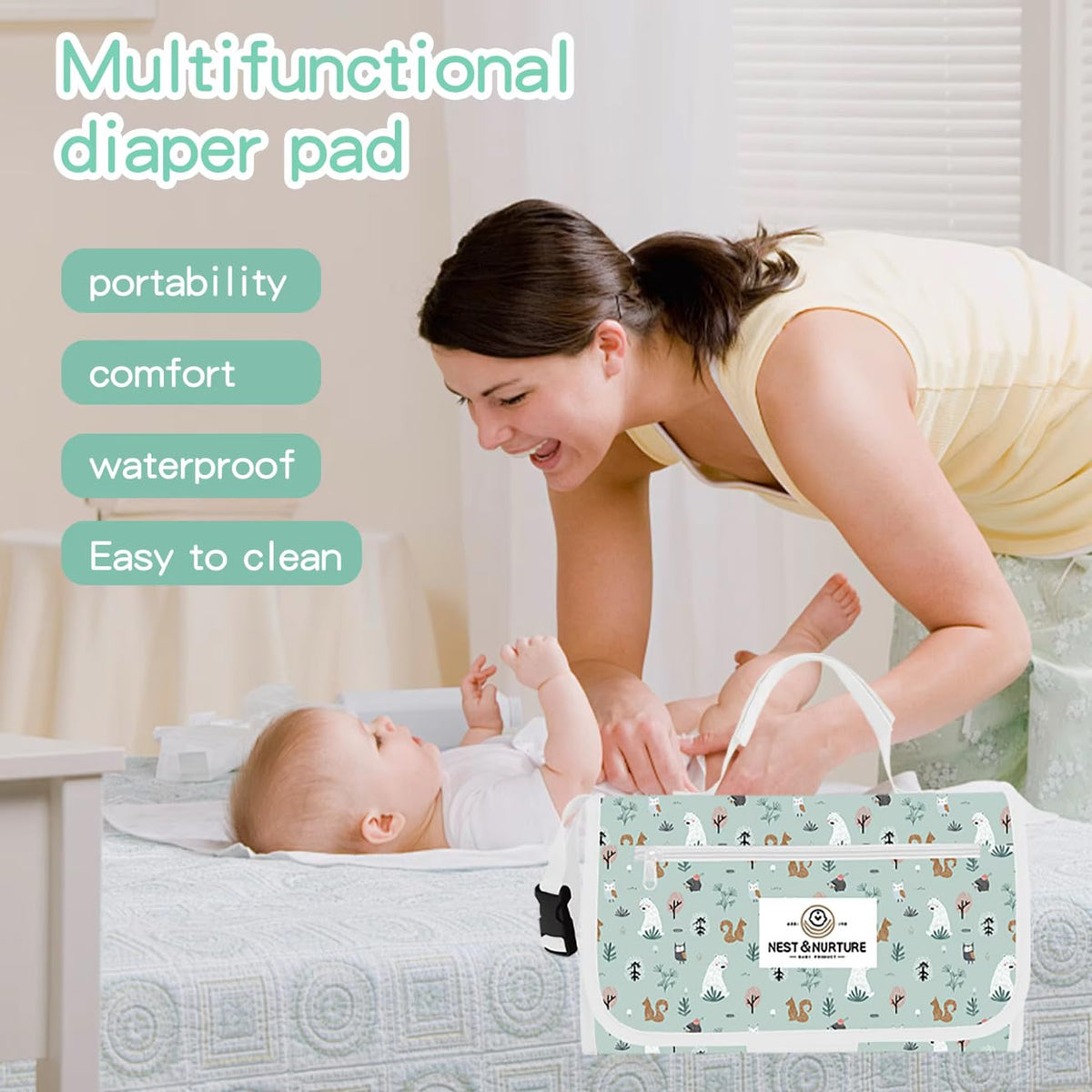 Portable Baby Changing Pad, Waterproof Foldable Diaper Changing Mat with Storage Pockets, Travel Changing Pad for Babies, Forest Animal Print