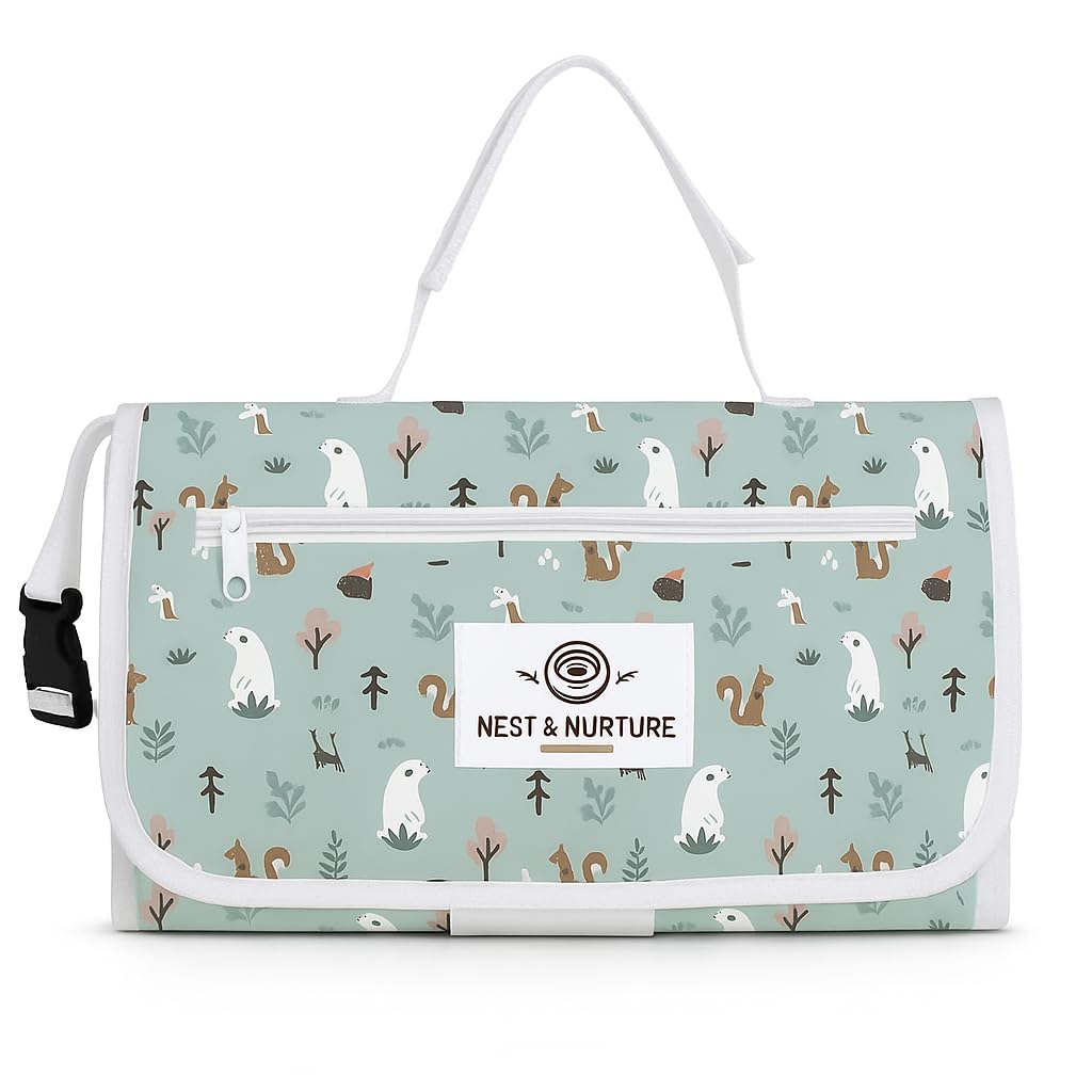Portable Baby Changing Pad, Waterproof Foldable Diaper Changing Mat with Storage Pockets, Travel Changing Pad for Babies, Forest Animal Print