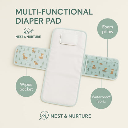 Portable Baby Changing Pad, Waterproof Foldable Diaper Changing Mat with Storage Pockets, Travel Changing Pad for Babies, Forest Animal Print