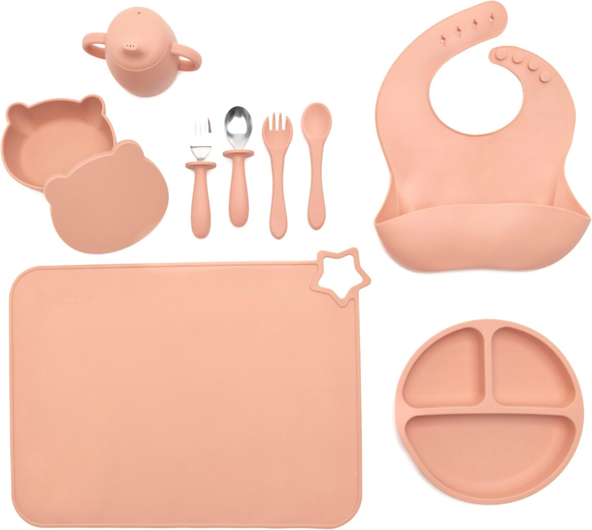 Food-grade Silicone Baby Feeding Set – 10 Pieces | BPA-Free | Includes Plate, Bowl, Sippy cup, 2 Spoons, 2Forks & Bib | Non-Slip, Microwave & Dishwasher Safe – Pink