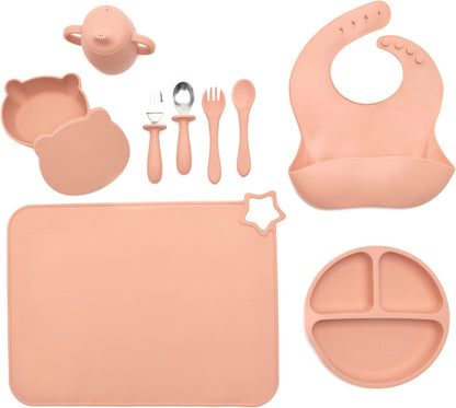 Food-grade Silicone Baby Feeding Set – 10 Pieces | BPA-Free | Includes Plate, Bowl, Sippy cup, 2 Spoons, 2Forks & Bib | Non-Slip, Microwave & Dishwasher Safe – Pink