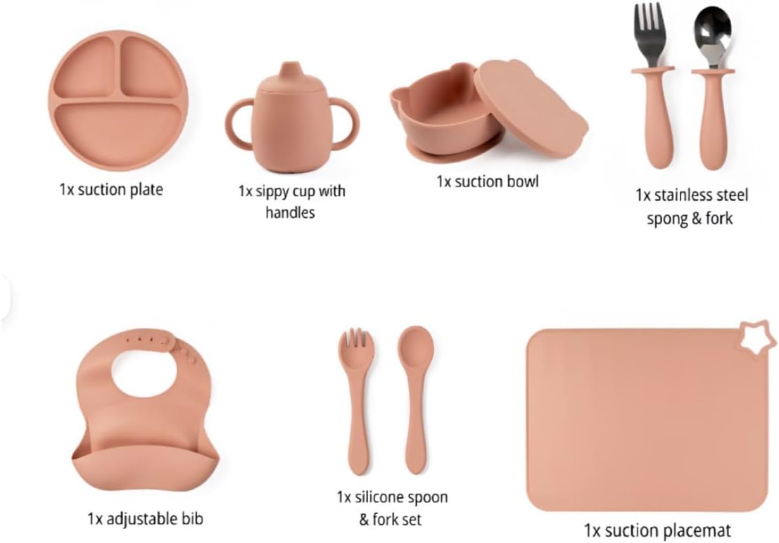 Food-grade Silicone Baby Feeding Set – 10 Pieces | BPA-Free | Includes Plate, Bowl, Sippy cup, 2 Spoons, 2Forks & Bib | Non-Slip, Microwave & Dishwasher Safe – Pink
