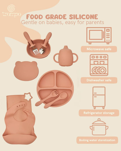 Food-grade Silicone Baby Feeding Set – 10 Pieces | BPA-Free | Includes Plate, Bowl, Sippy cup, 2 Spoons, 2Forks & Bib | Non-Slip, Microwave & Dishwasher Safe – Pink