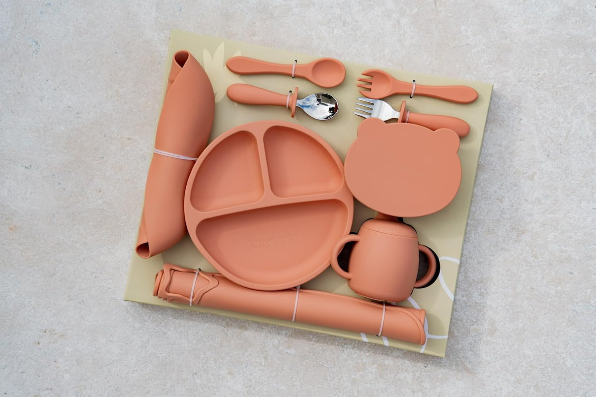Food-grade Silicone Baby Feeding Set – 10 Pieces | BPA-Free | Includes Plate, Bowl, Sippy cup, 2 Spoons, 2Forks & Bib | Non-Slip, Microwave & Dishwasher Safe – Pink
