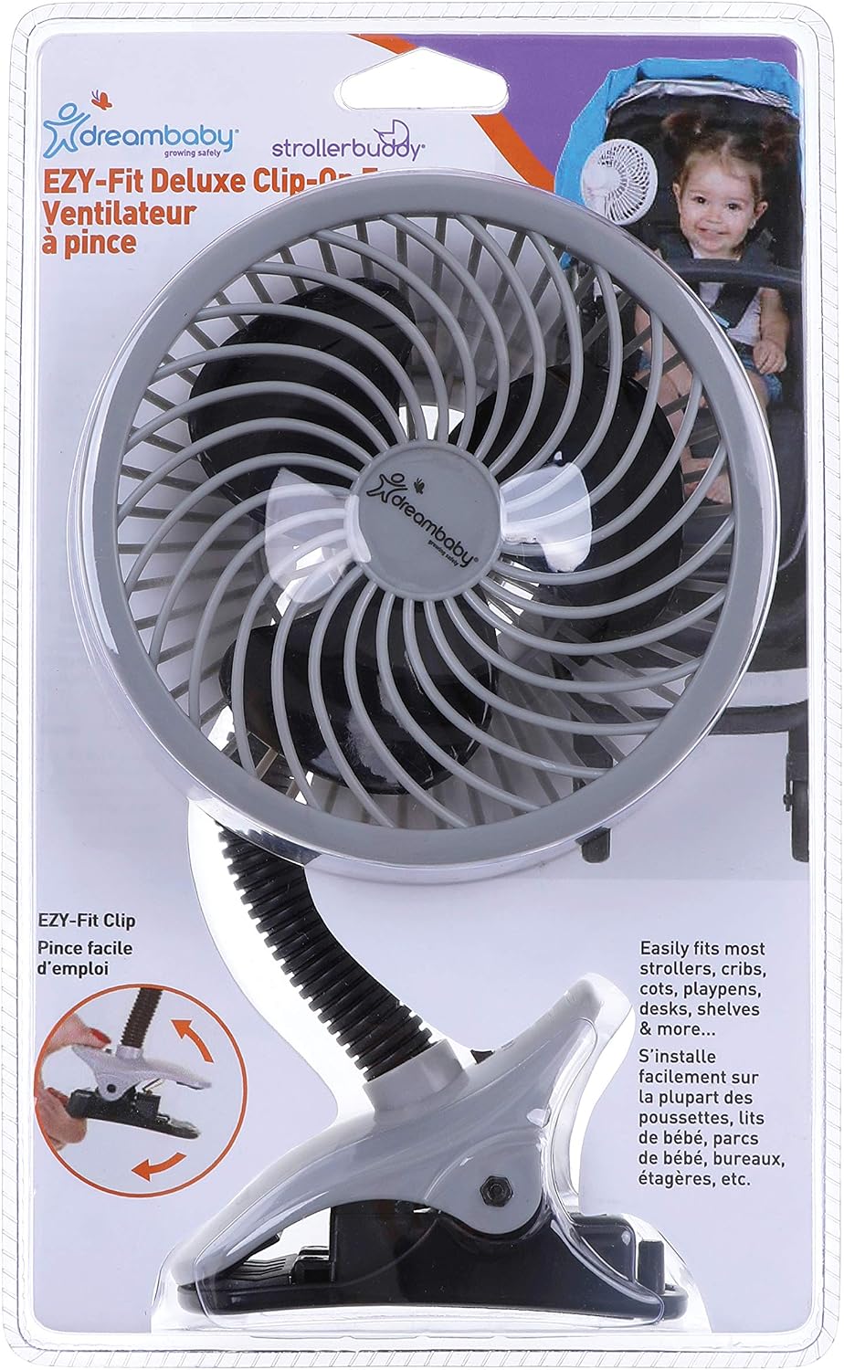 Caged Deluxe EZY-Fit Clip-on Fan - with Flexible Neck for Adjustable Air Flow - Perfect for Strollers, Cribs, Wheelchairs, Beach, Camping & Pool - White - 1 Pack