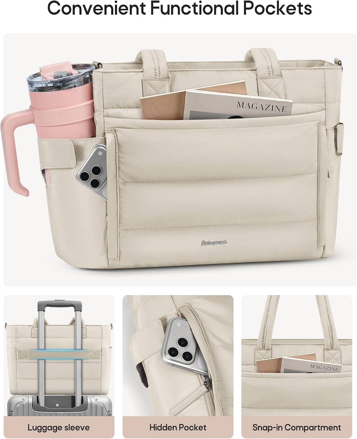 Puffer Tote Bag with 40oz Cup Holder, Quilted Work Bag | Puffy Tote Bag,Fits 15.6" laptop,40oz bottle pockets,Multi-Pocket Organizer,Work School Travel,Lightweight Quilted