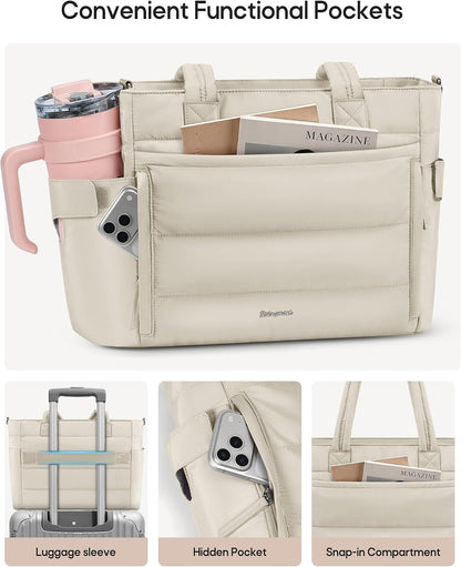 Puffer Tote Bag with 40oz Cup Holder, Quilted Work Bag | Puffy Tote Bag,Fits 15.6" laptop,40oz bottle pockets,Multi-Pocket Organizer,Work School Travel,Lightweight Quilted