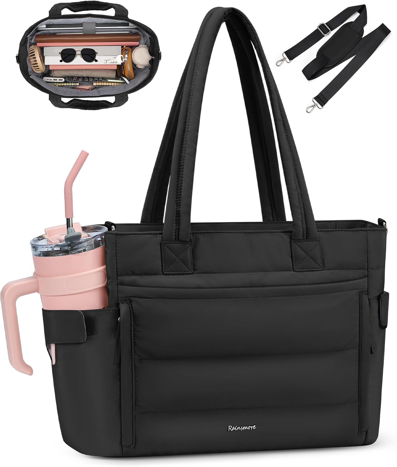 Puffer Tote Bag with 40oz Cup Holder, Quilted Work Bag | Puffy Tote Bag,Fits 15.6" laptop,40oz bottle pockets,Multi-Pocket Organizer,Work School Travel,Lightweight Quilted