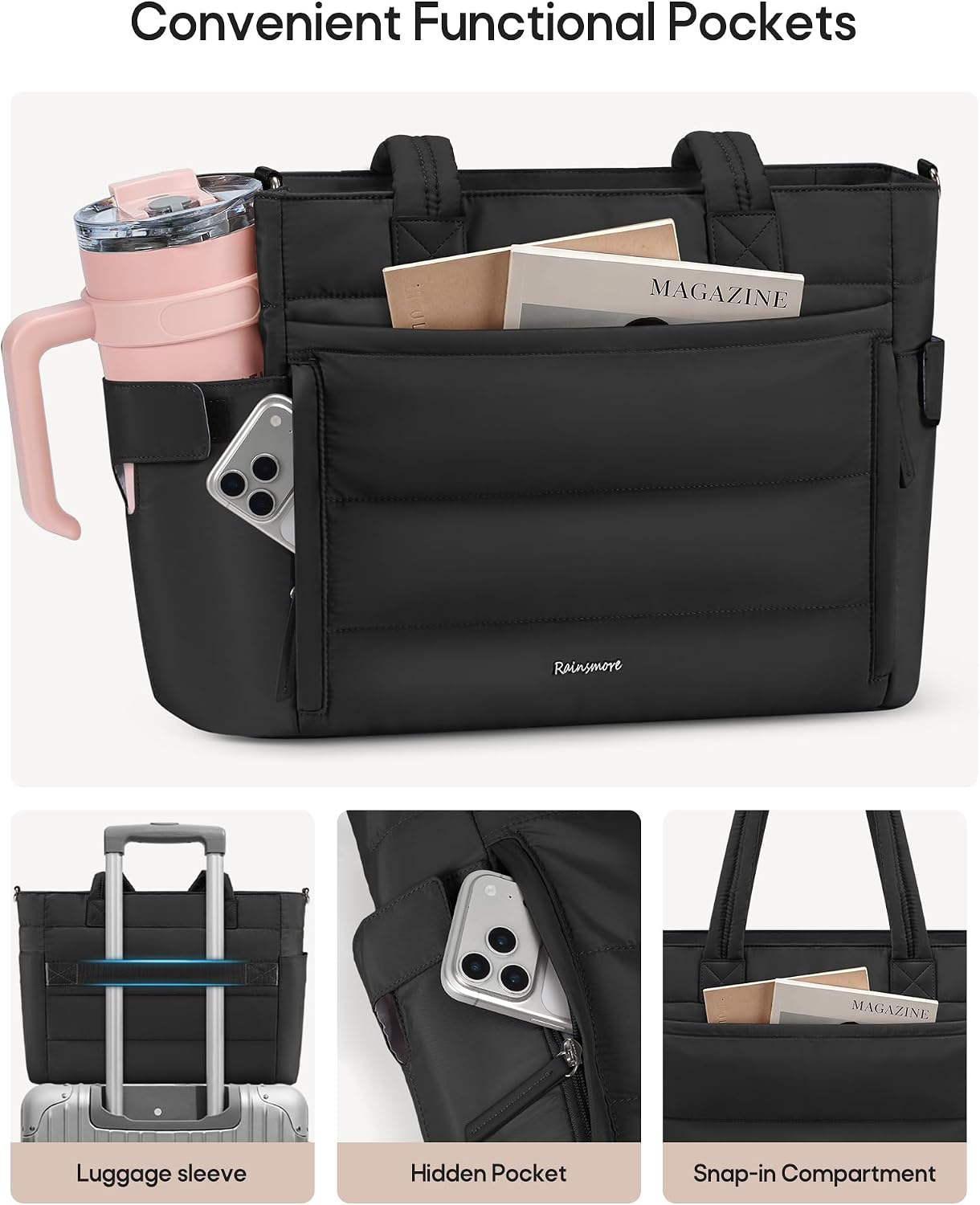 Puffer Tote Bag with 40oz Cup Holder, Quilted Work Bag | Puffy Tote Bag,Fits 15.6" laptop,40oz bottle pockets,Multi-Pocket Organizer,Work School Travel,Lightweight Quilted