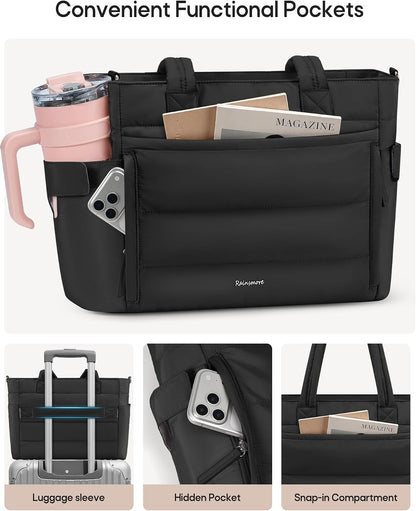 Puffer Tote Bag with 40oz Cup Holder, Quilted Work Bag | Puffy Tote Bag,Fits 15.6" laptop,40oz bottle pockets,Multi-Pocket Organizer,Work School Travel,Lightweight Quilted