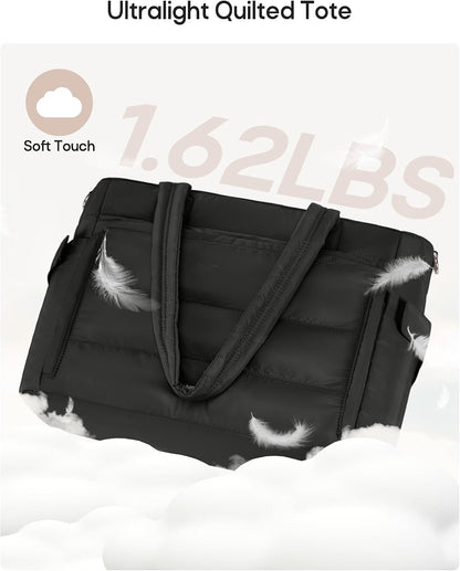 Puffer Tote Bag with 40oz Cup Holder, Quilted Work Bag | Puffy Tote Bag,Fits 15.6" laptop,40oz bottle pockets,Multi-Pocket Organizer,Work School Travel,Lightweight Quilted