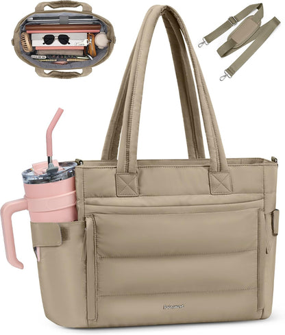 Puffer Tote Bag with 40oz Cup Holder, Quilted Work Bag | Puffy Tote Bag,Fits 15.6" laptop,40oz bottle pockets,Multi-Pocket Organizer,Work School Travel,Lightweight Quilted