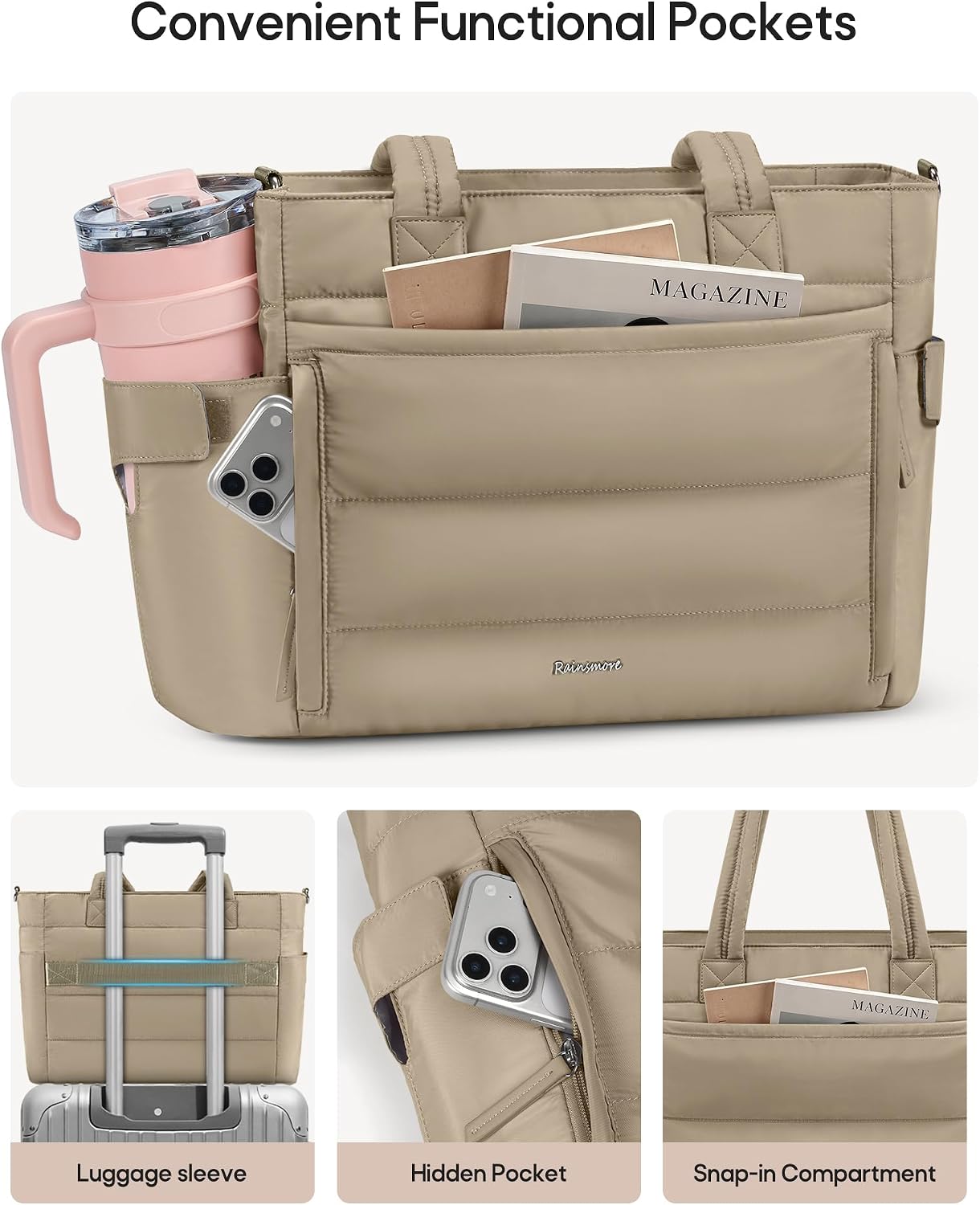 Puffer Tote Bag with 40oz Cup Holder, Quilted Work Bag | Puffy Tote Bag,Fits 15.6" laptop,40oz bottle pockets,Multi-Pocket Organizer,Work School Travel,Lightweight Quilted