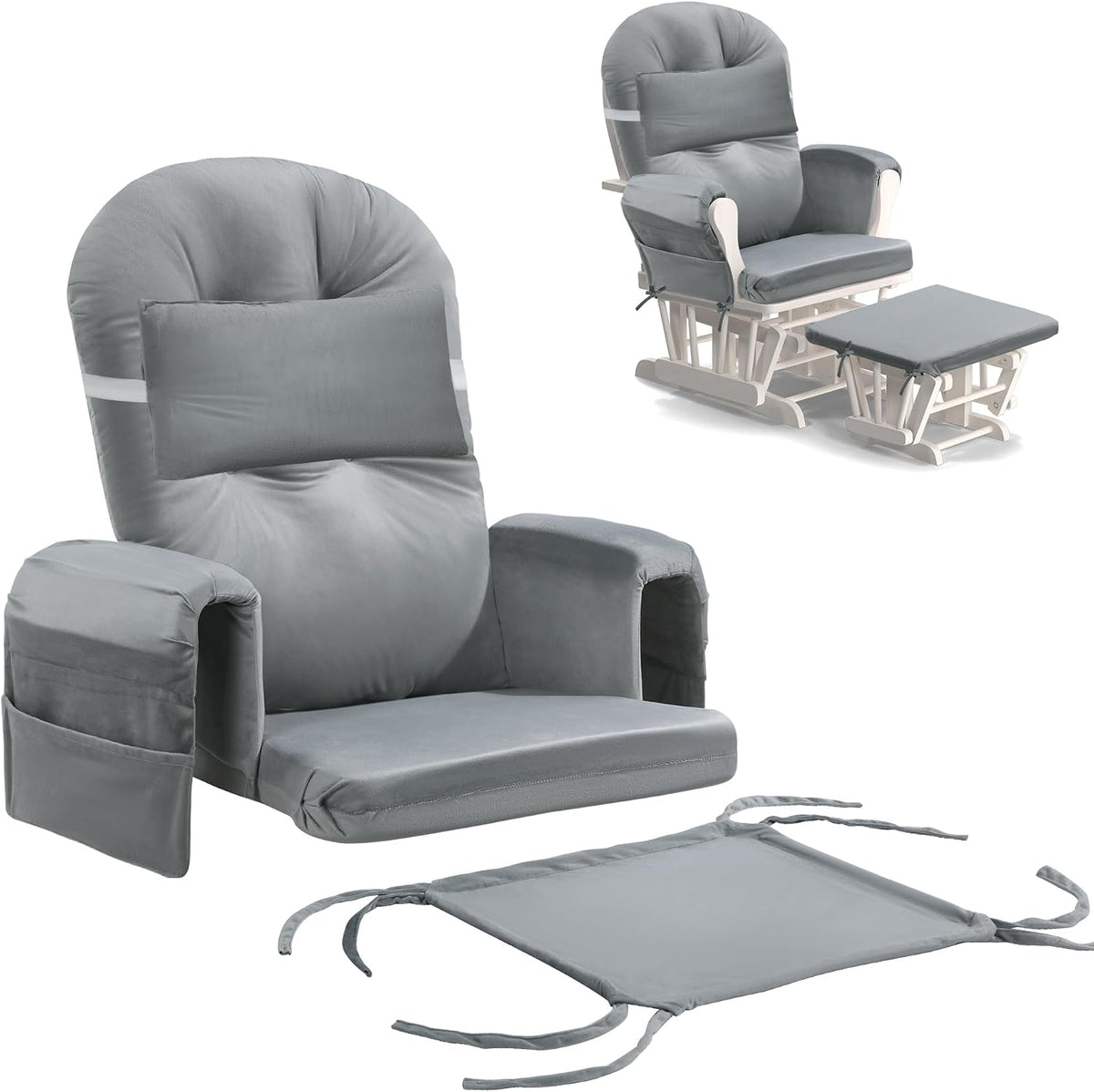 6 PCS Glider Rocker Replacement Cushions with Storage Side Pocket,Foam & Microfiber Filling, Non-Slip & Washable,Thickened & Supportive Velvet Rocking Chair Cushion Set(Gray)
