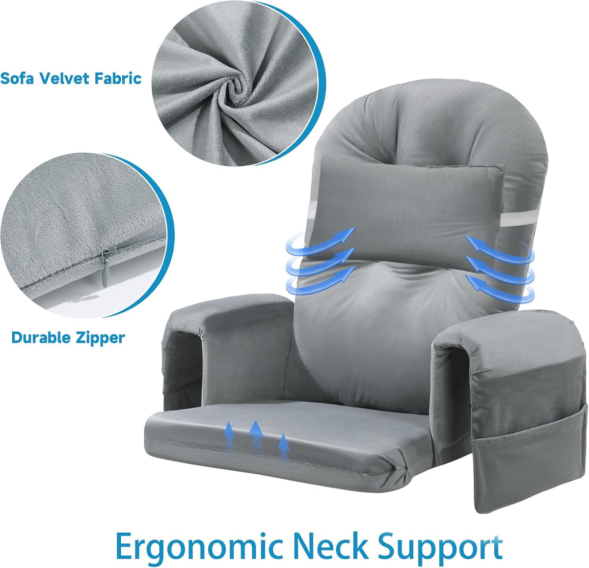 6 PCS Glider Rocker Replacement Cushions with Storage Side Pocket,Foam & Microfiber Filling, Non-Slip & Washable,Thickened & Supportive Velvet Rocking Chair Cushion Set(Gray)