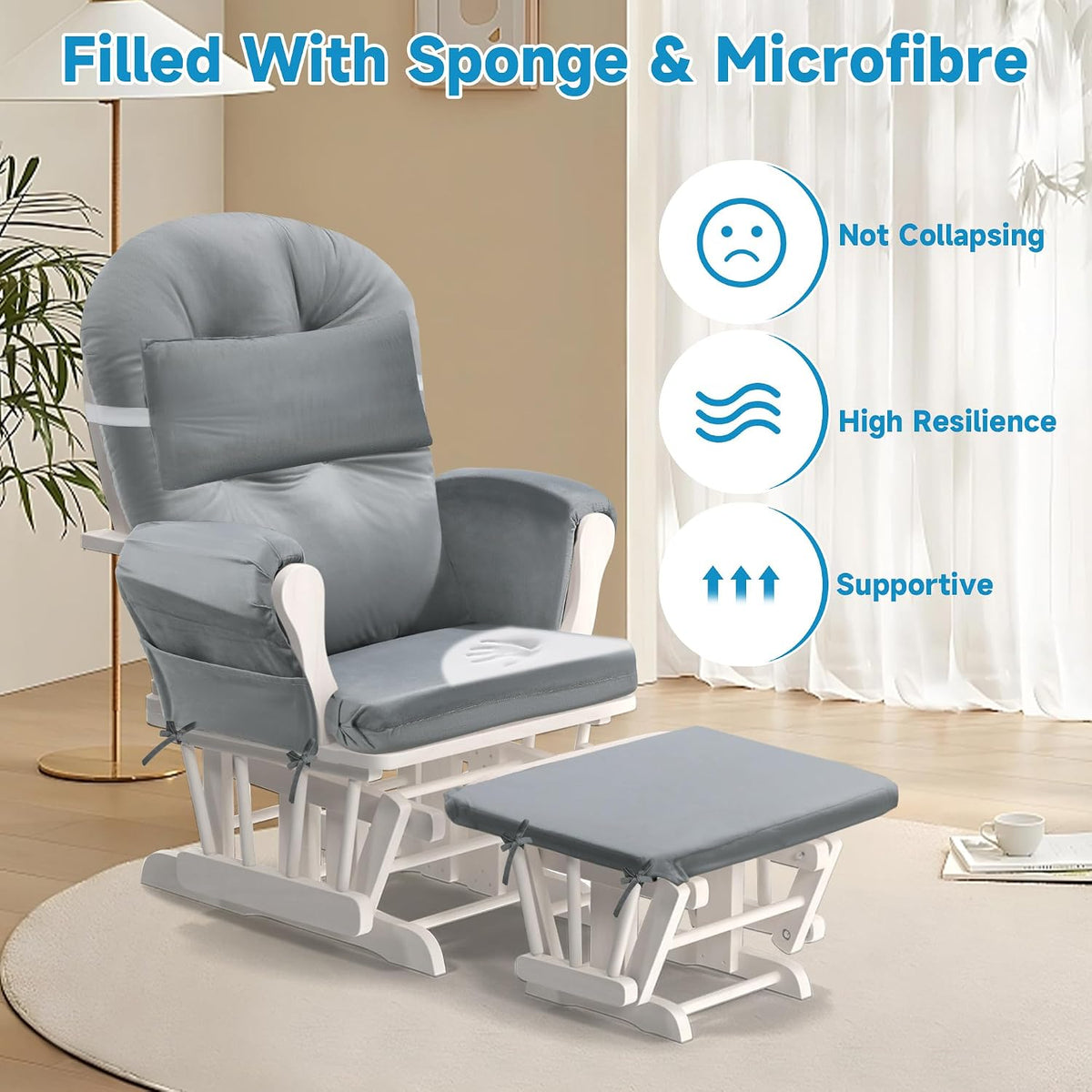 6 PCS Glider Rocker Replacement Cushions with Storage Side Pocket,Foam & Microfiber Filling, Non-Slip & Washable,Thickened & Supportive Velvet Rocking Chair Cushion Set(Gray)