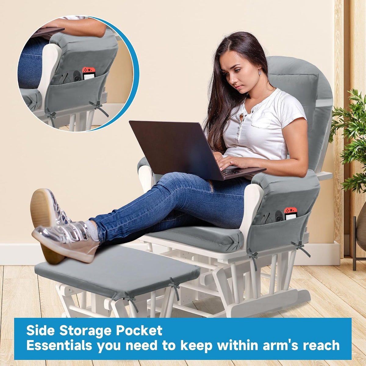 6 PCS Glider Rocker Replacement Cushions with Storage Side Pocket,Foam & Microfiber Filling, Non-Slip & Washable,Thickened & Supportive Velvet Rocking Chair Cushion Set(Gray)