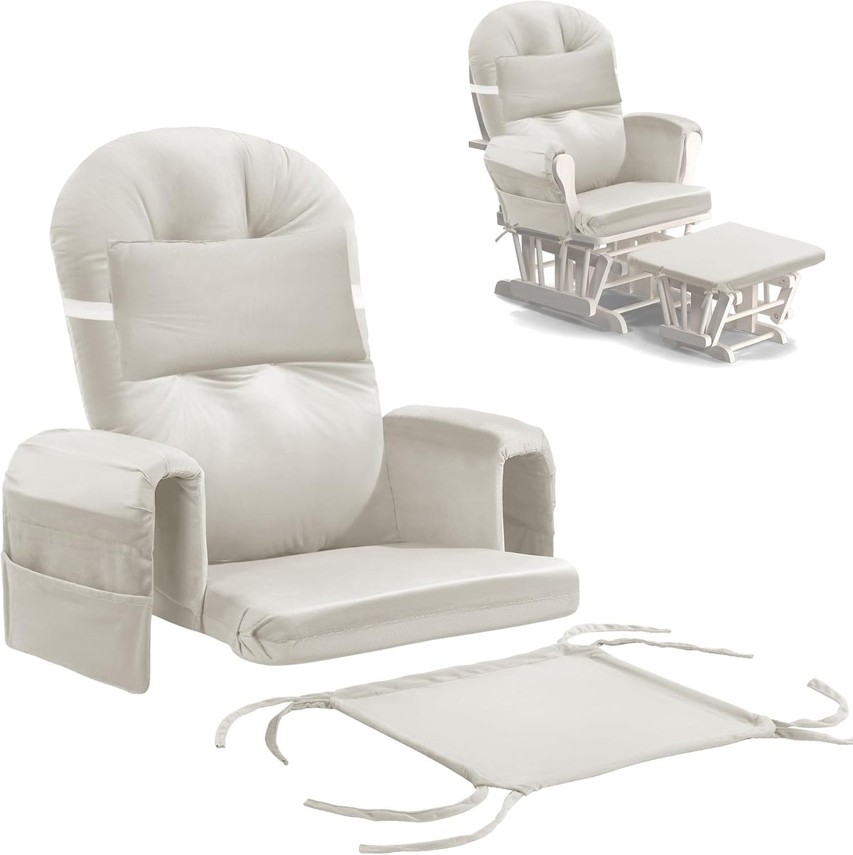 6 PCS Glider Rocker Replacement Cushions with Storage Side Pocket,Foam & Microfiber Filling, Non-Slip & Washable,Thickened & Supportive Velvet Rocking Chair Cushion Set(Gray)