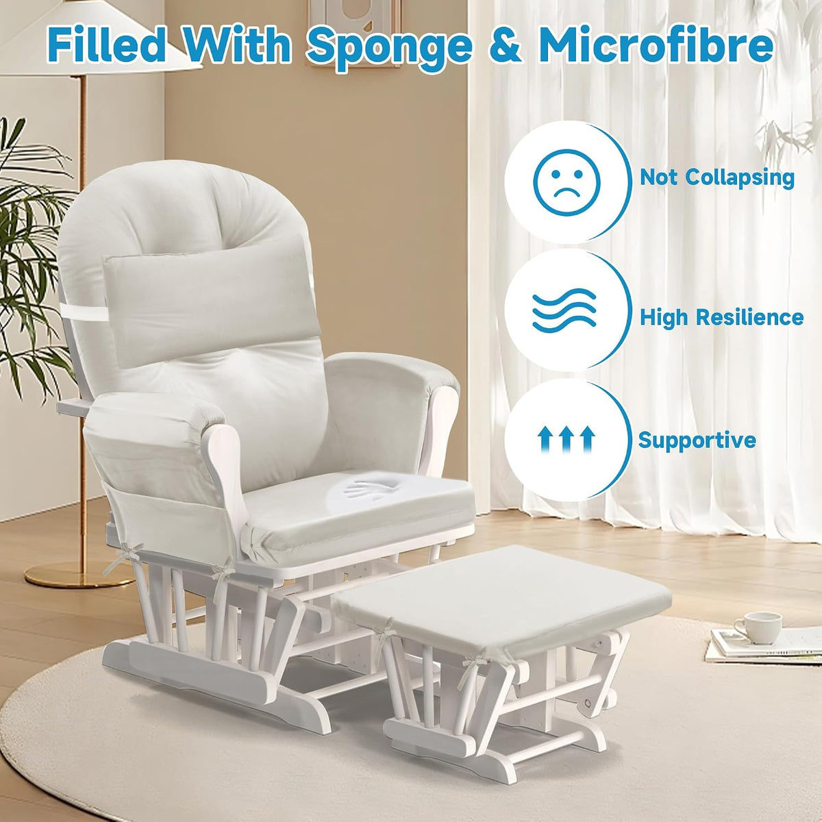 6 PCS Glider Rocker Replacement Cushions with Storage Side Pocket,Foam & Microfiber Filling, Non-Slip & Washable,Thickened & Supportive Velvet Rocking Chair Cushion Set(Gray)
