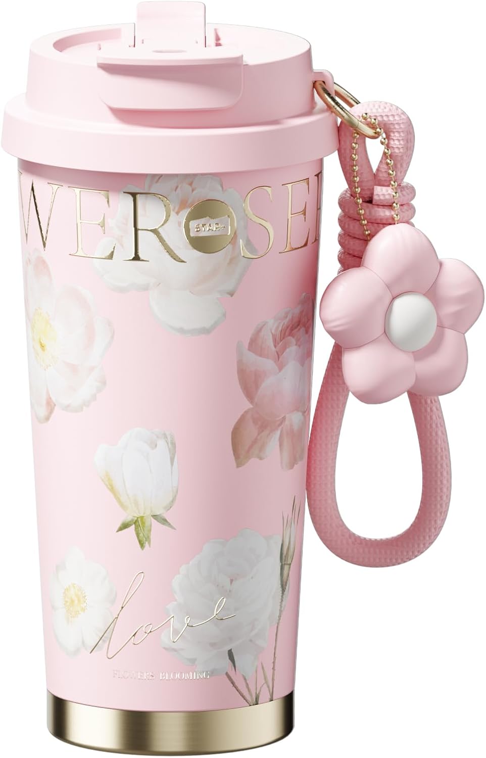 Insulated Travel Coffee Mug,18 oz Stainless Steel Coffee Tumbler with Flip Straw, Double Wall Thermal Cup with Leak Proof Lid,Reusable Ceramic Water Bottle for Office, Pink