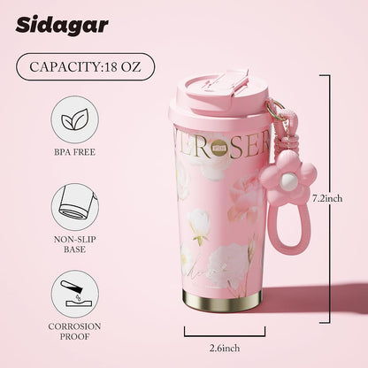 Insulated Travel Coffee Mug,18 oz Stainless Steel Coffee Tumbler with Flip Straw, Double Wall Thermal Cup with Leak Proof Lid,Reusable Ceramic Water Bottle for Office, Pink