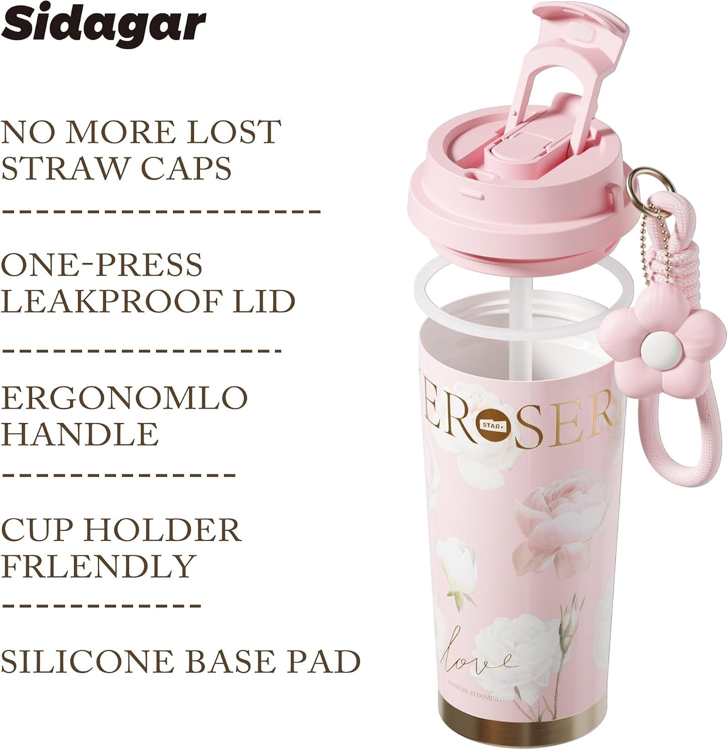Insulated Travel Coffee Mug,18 oz Stainless Steel Coffee Tumbler with Flip Straw, Double Wall Thermal Cup with Leak Proof Lid,Reusable Ceramic Water Bottle for Office, Pink