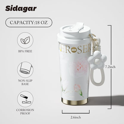 Insulated Travel Coffee Mug,18 oz Stainless Steel Coffee Tumbler with Flip Straw, Double Wall Thermal Cup with Leak Proof Lid,Reusable Ceramic Water Bottle for Office, Pink