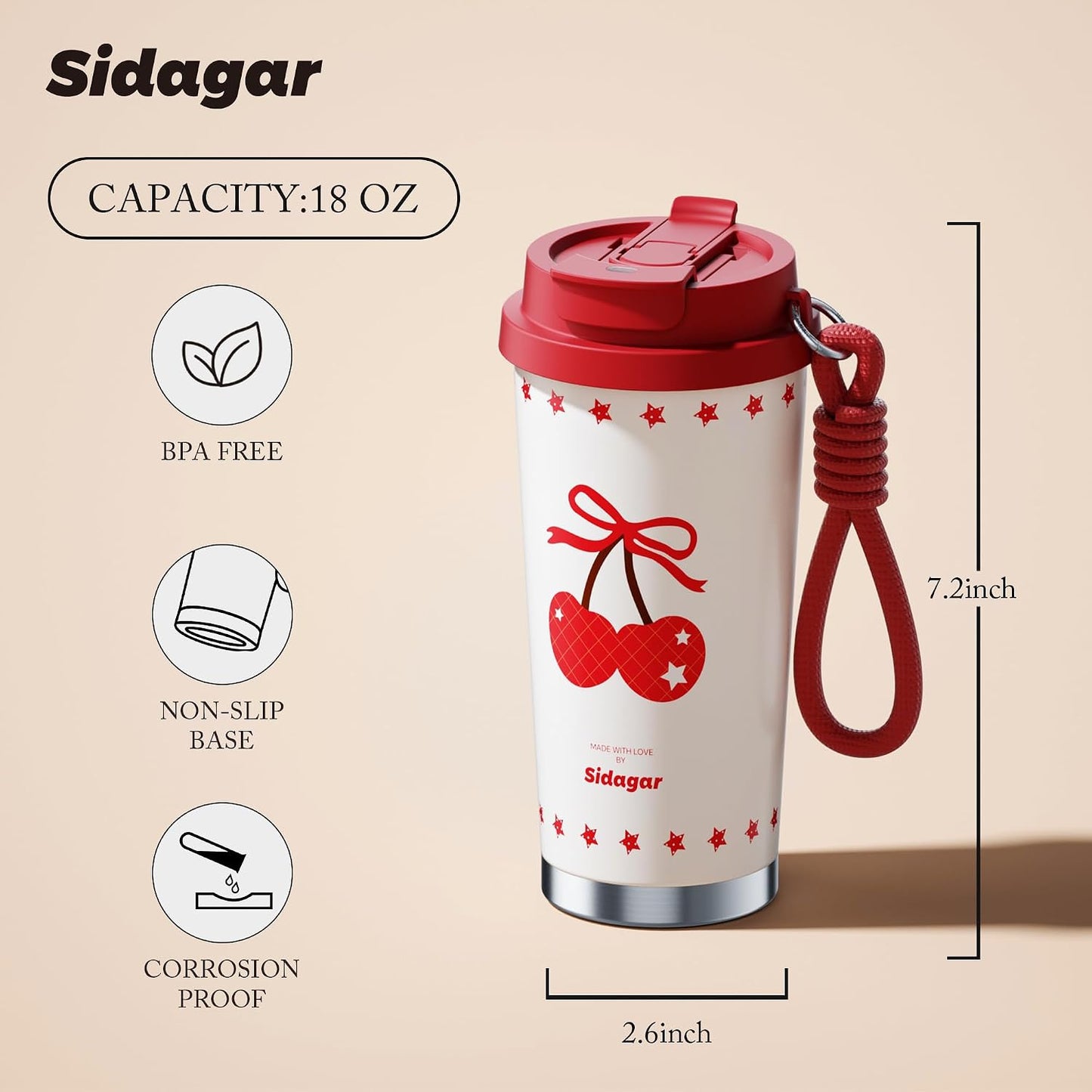 Insulated Travel Coffee Mug,18 oz Stainless Steel Coffee Tumbler with Flip Straw, Double Wall Thermal Cup with Leak Proof Lid,Reusable Ceramic Water Bottle for Office, Pink