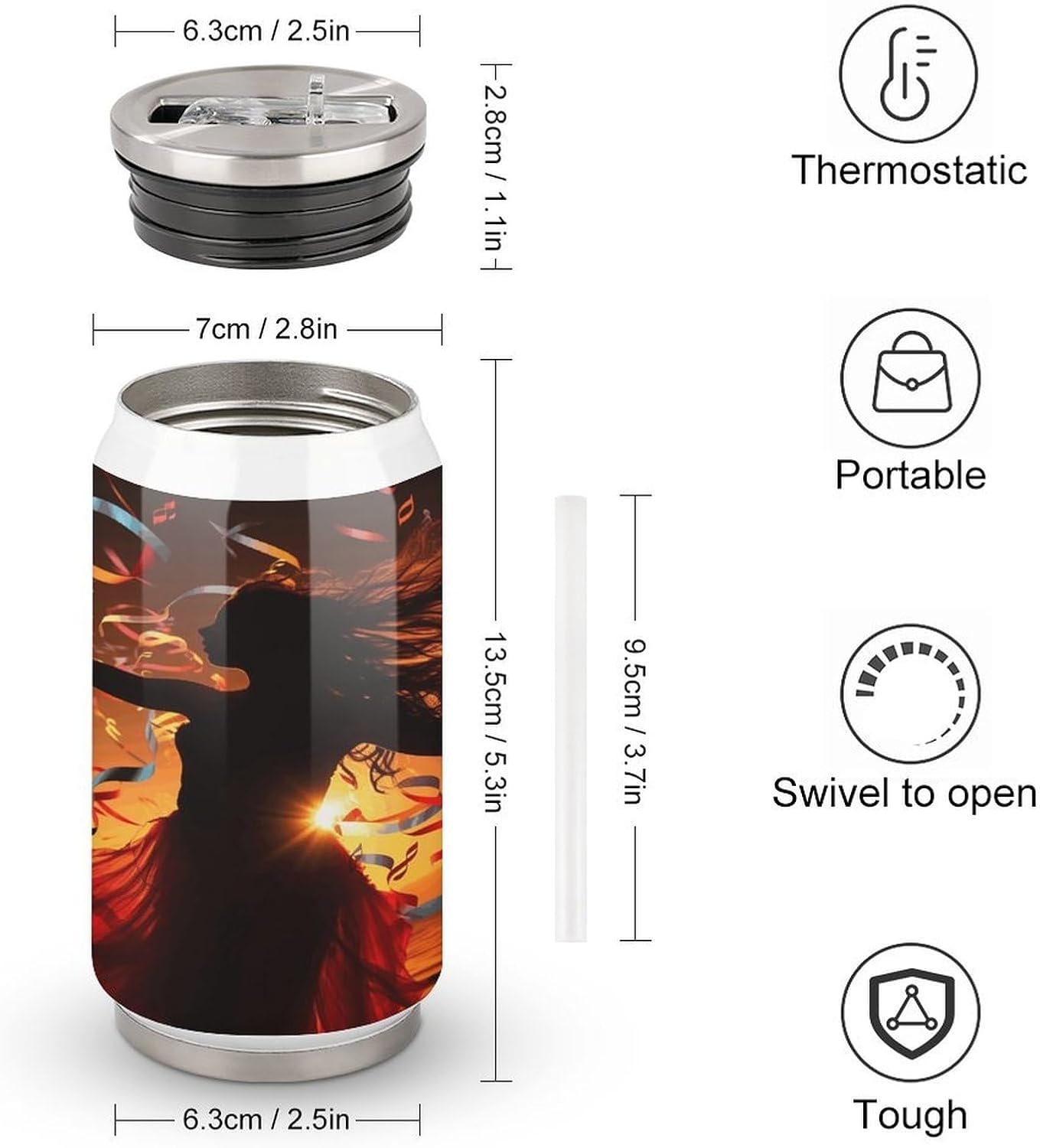 Dance Music Tumblers Stainless Steel Insulated Tumbler Cola Can Vintage Travel Coffee Tumbler Aesthetic Retro Coffee Mug Travel Cup Keeps Drinks Cold & Hot for Outdoor 300ml
