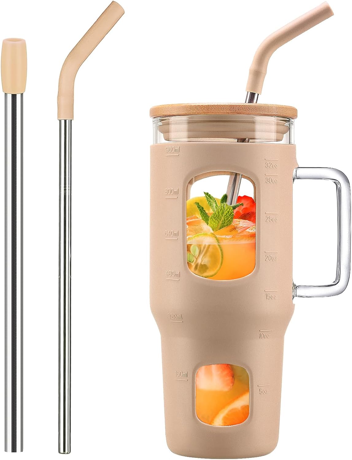 Glass Tumbler with Lid, 32 oz Glass Cup with Handle, Glass Water Bottles with Time Marker, 2 Straws - Pearl Straw & Silicone Protective Sleeve - Olive