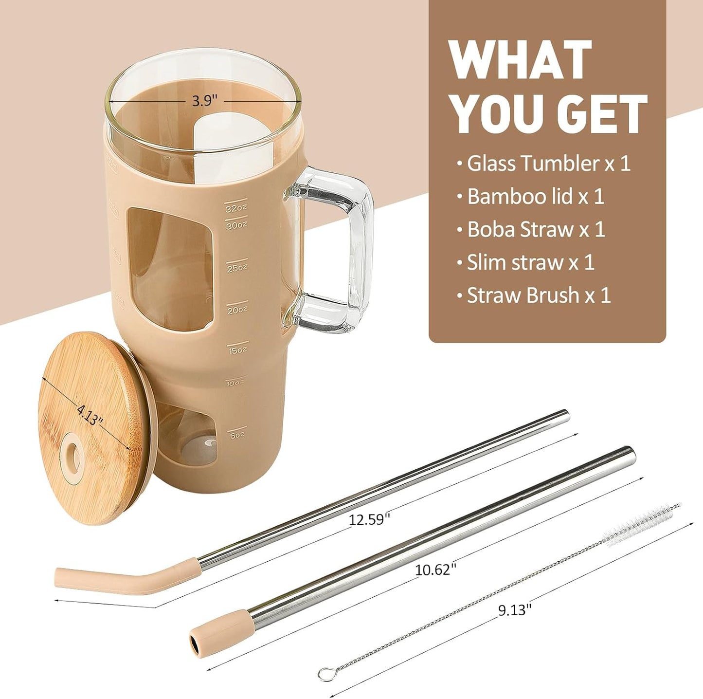 Glass Tumbler with Lid, 32 oz Glass Cup with Handle, Glass Water Bottles with Time Marker, 2 Straws - Pearl Straw & Silicone Protective Sleeve - Olive