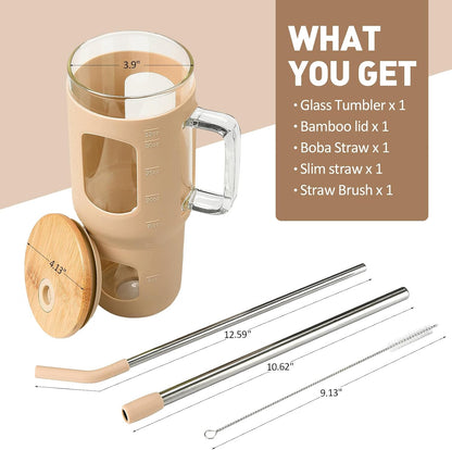 Glass Tumbler with Lid, 32 oz Glass Cup with Handle, Glass Water Bottles with Time Marker, 2 Straws - Pearl Straw & Silicone Protective Sleeve - Olive