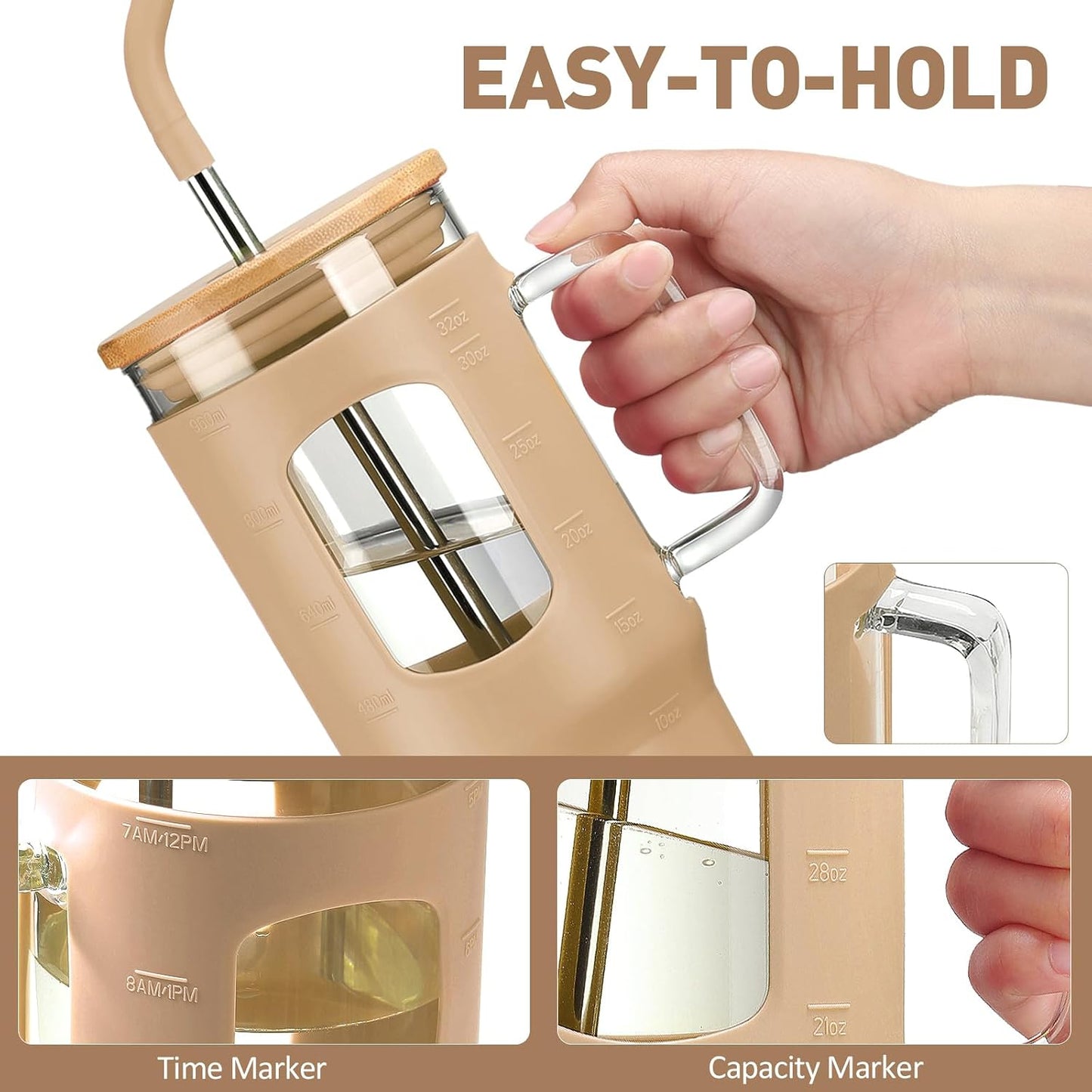 Glass Tumbler with Lid, 32 oz Glass Cup with Handle, Glass Water Bottles with Time Marker, 2 Straws - Pearl Straw & Silicone Protective Sleeve - Olive