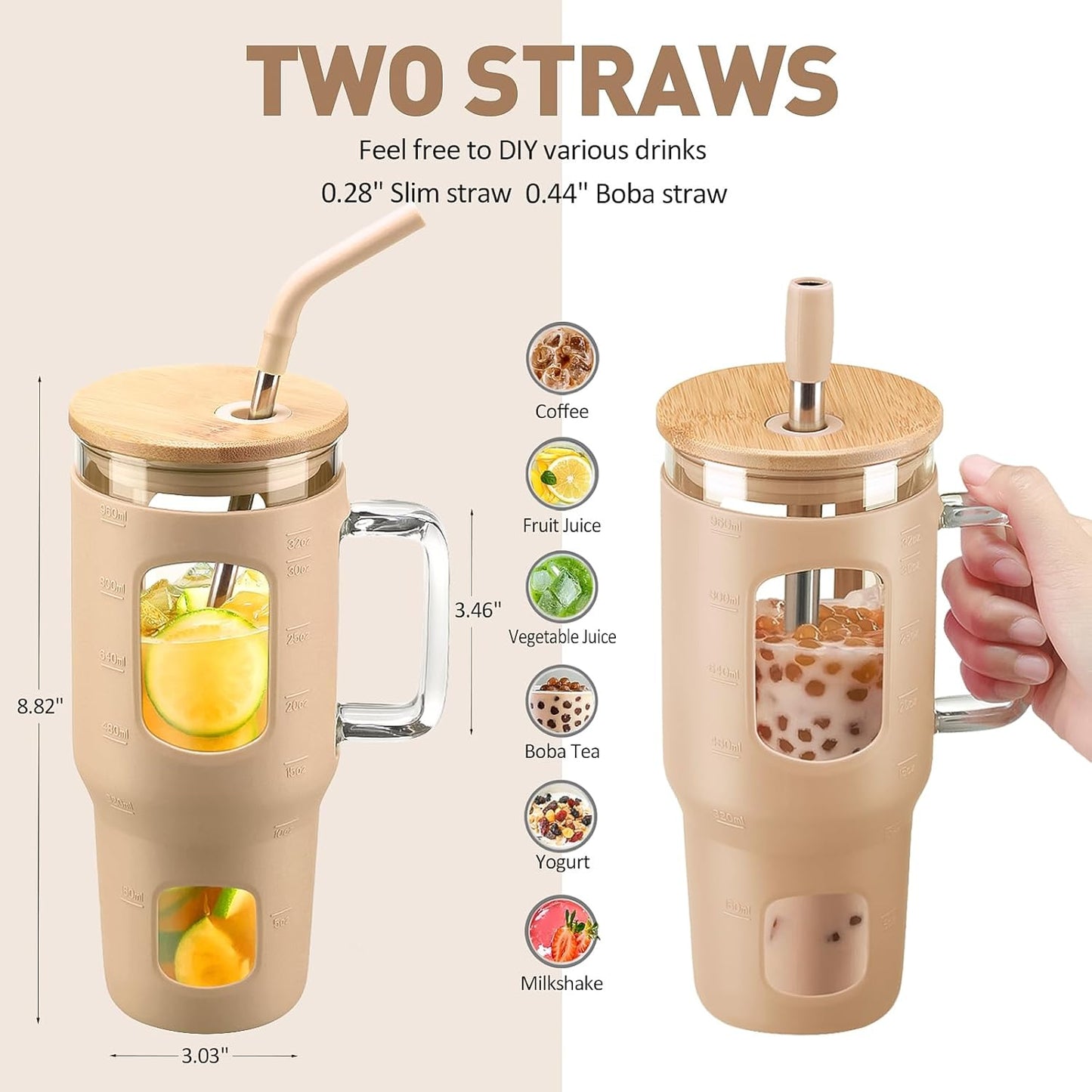 Glass Tumbler with Lid, 32 oz Glass Cup with Handle, Glass Water Bottles with Time Marker, 2 Straws - Pearl Straw & Silicone Protective Sleeve - Olive