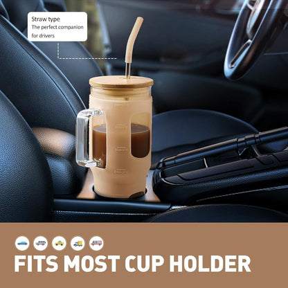 Glass Tumbler with Lid, 32 oz Glass Cup with Handle, Glass Water Bottles with Time Marker, 2 Straws - Pearl Straw & Silicone Protective Sleeve - Olive
