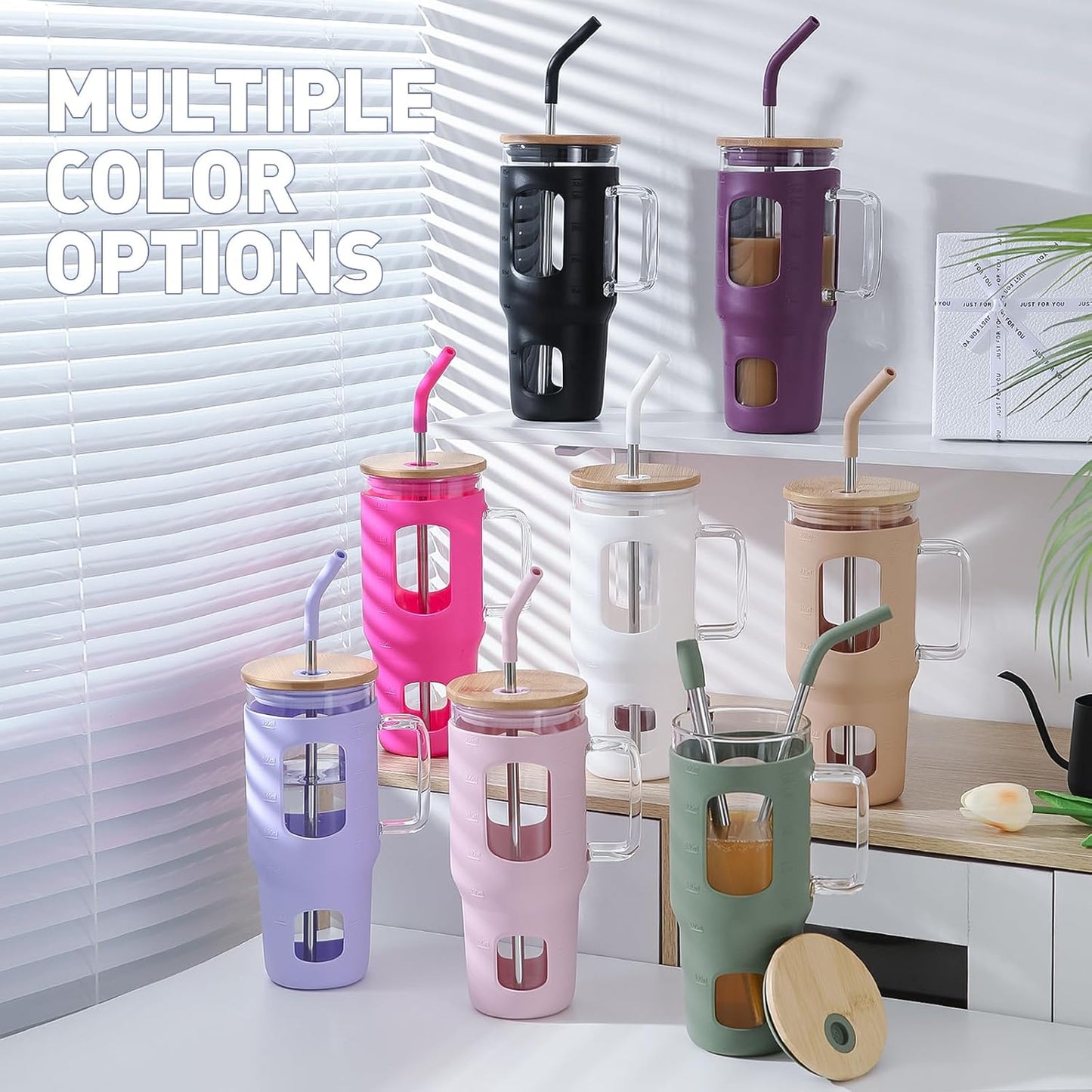 Glass Tumbler with Lid, 32 oz Glass Cup with Handle, Glass Water Bottles with Time Marker, 2 Straws - Pearl Straw & Silicone Protective Sleeve - Olive