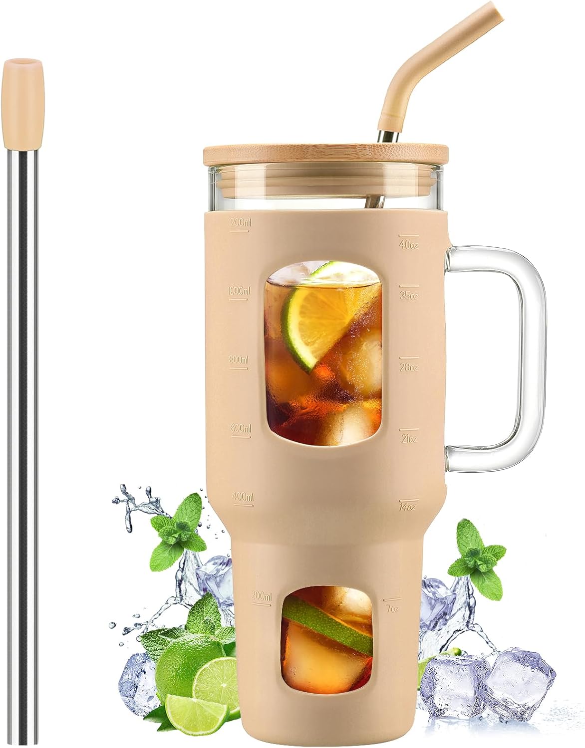 Glass Tumbler with Lid, 32 oz Glass Cup with Handle, Glass Water Bottles with Time Marker, 2 Straws - Pearl Straw & Silicone Protective Sleeve - Olive